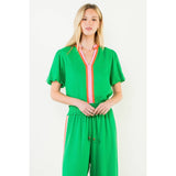 Puff Sleeve Stripe Detail V-Neck Top