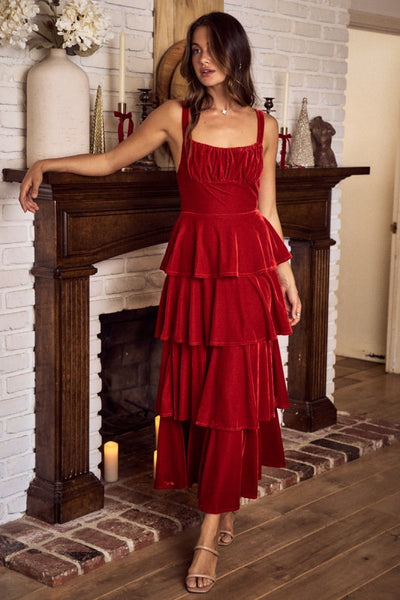 Velvet Holiday Christmas Tiered Maxi Dress