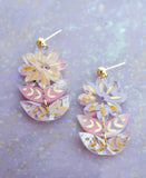 Pink Handpainted Acrylic Flower Dangle Statement Earrings
