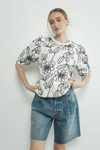 MAT3185 FLOWER EMBROIDERED T SHIRTS