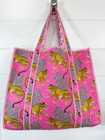 Cotton Quilted Block Print Tote Bag - Pink Jaguars Leopards