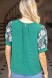 36723 Floral Embroidered Lace Puff Sleeve Solid Textured Top