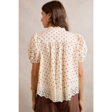 POLKA DOT COTTON LACE TRIM SHORT SLEEVES BLOUSE TOP