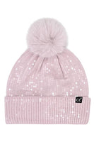 C.C All Over Clear Sequin Pom Beanie: Light Gray