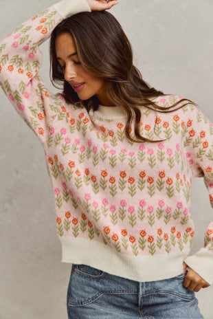 Flower Patterned Loose Fit Pullover Sweater Top