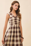 CD06194-Brown Checkered V Neck Ruched Bodice Midi Dress