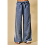 LACE TRIM ELASTIC WAIST MID RISE WIDE DENIM PANTS