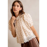 POLKA DOT COTTON LACE TRIM SHORT SLEEVES BLOUSE TOP