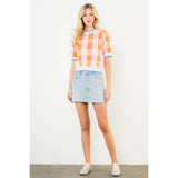 Short Sleeve Check Knit Top