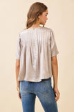 CT9659-Pleated Detail Round Neck Short Metallic Top
