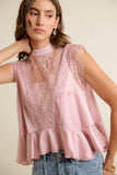 SATIN MOCK NECK LACE TRIM PEPLUM BLOUSE TOP