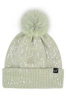 C.C All Over Clear Sequin Pom Beanie: Light Gray