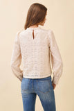 CT9536-Lace High Neck Back Keyhole Puff Sleeves Blouse