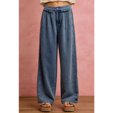 MID RISE RUFFLED FRONT ELASTIC WIDE LEG DENIM PANT