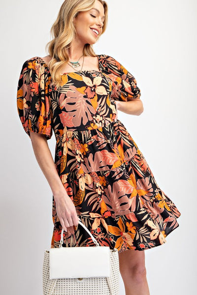 Tropical Printed Peach Blossom Dress