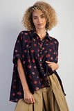 Flower Print Poly Linen Button Down Shirt