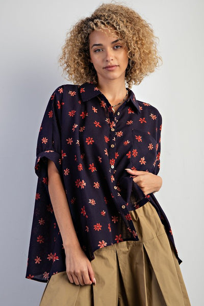 Flower Print Poly Linen Button Down Shirt