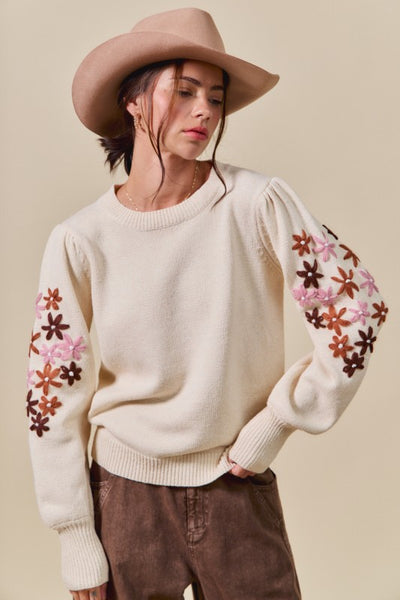 Floral Embroidered Sleeves Sweater Pull Over Top