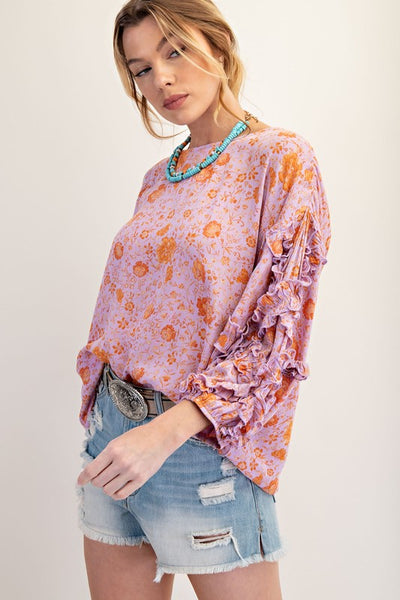 Mini Ruffle Detail Floral Print Rayon Gauze Top