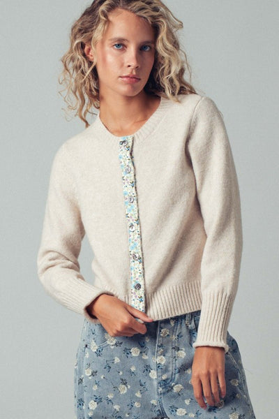 Floral Contrast Wool Blend Crew Neck Cardigan