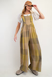 Plaid Pattern Mineral Washed Overalls- Two Color Options Available