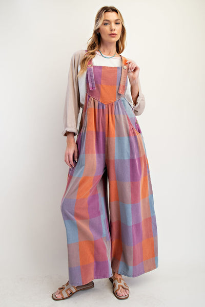 Plaid Pattern Mineral Washed Overalls- Two Color Options Available