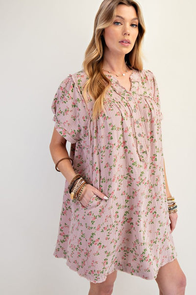 Floral Printed Cotton Gauze Mineral Washed Dress