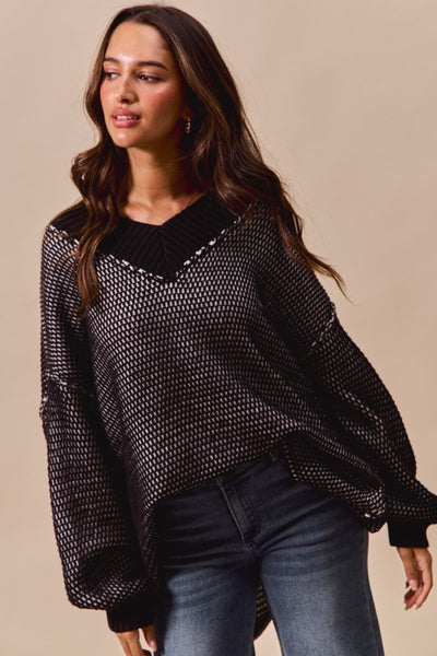 Oversized Two Tone Textured V Neck Sweater Top