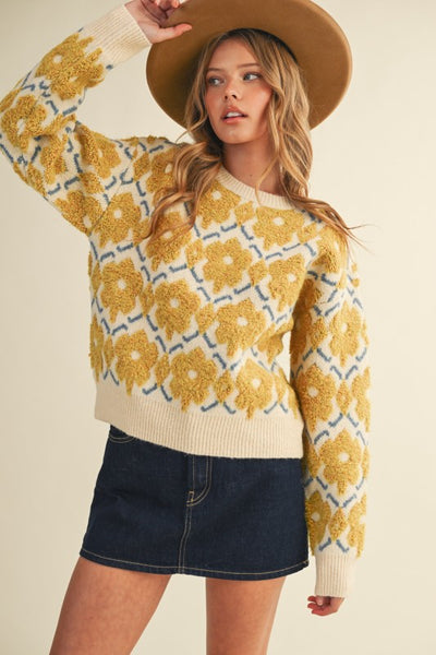 Fuzzy Texture Floral Sweater- 2 Colors