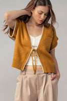 Boho Crochet Knit Vest Casual Top With Tie Front