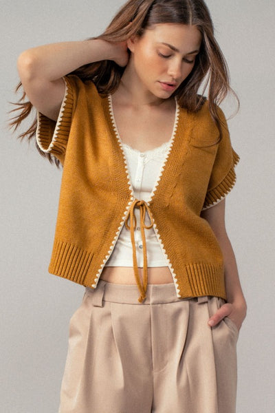 Boho Crochet Knit Vest Casual Top With Tie Front