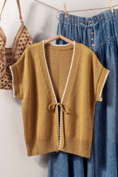 Boho Crochet Knit Vest Casual Top With Tie Front