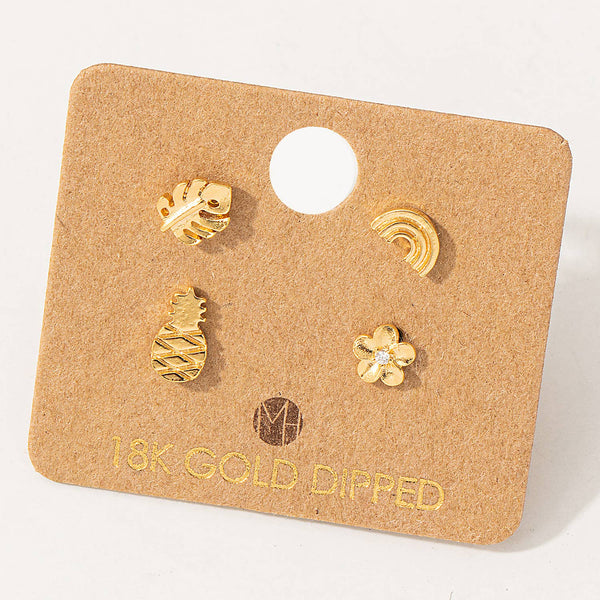 Mini Monstera Leaf Pineapple Stud Earrings Set: G