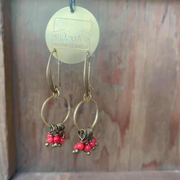circle earrings with red coral beads