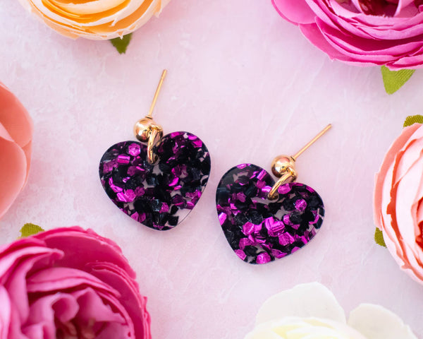 Small Heart Earrings, Black & Pink Valentines Jewelry: 1in