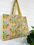Cotton Quilted Block Print Tote Bag - Beige Jaguars Leopards