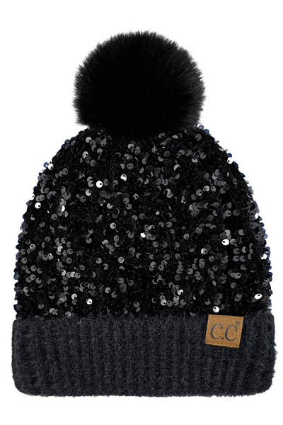 C.C Sequin Fur Pom Beanie: Black