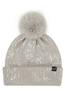 C.C All Over Clear Sequin Pom Beanie: Light Gray