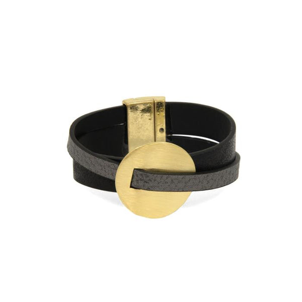 SCRATCHED GOLD DISC LEATHER BRACELET