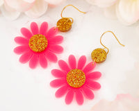 Neon Pink & Gold Flower Earrings, Spring Summer Dangles