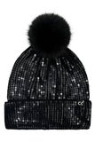 C.C All Over Clear Sequin Pom Beanie: Black