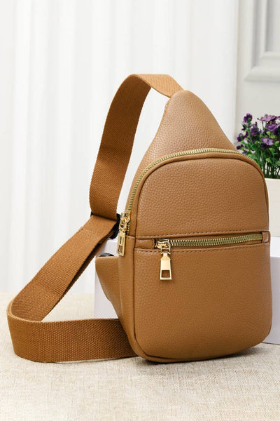 Solid PU Sling Bag: Light Brown
