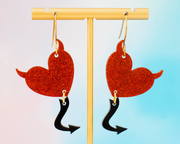 Anti Valentines Earrings Devil Heart Balloon, Acrylic Dangle
