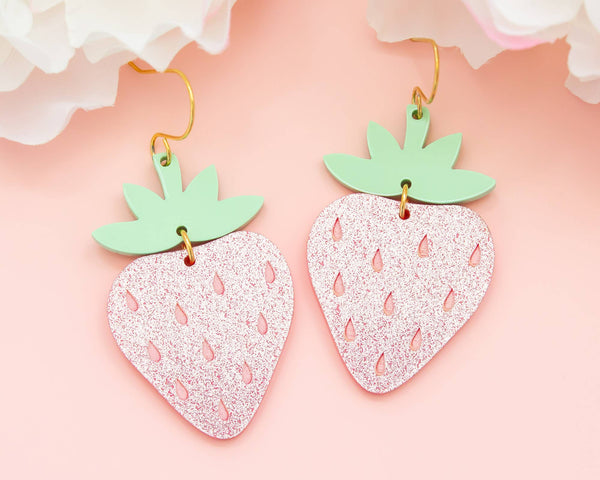 Glitter Pink Strawberry Acrylic Earrings, Fruit Dangles