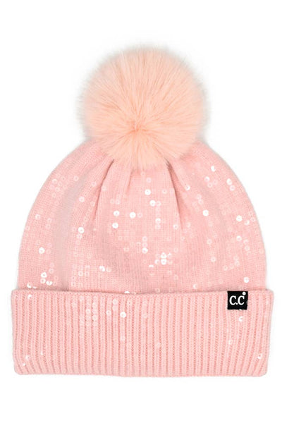 C.C All Over Clear Sequin Pom Beanie: Pink
