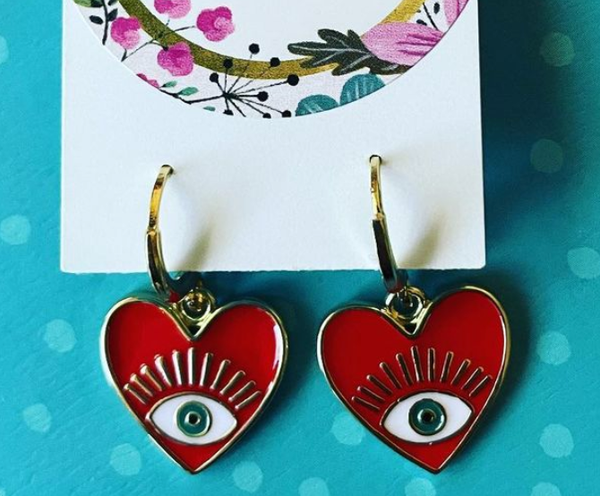 Red Enamel Evil Eye Heart Earrings