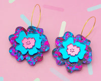 Statement Flower Pink, Blue & Purple Earrings, Acrylic Hoops
