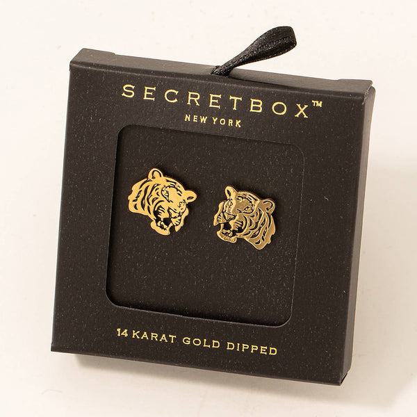 Secret Box Tiger Head Stud Earrings: GD
