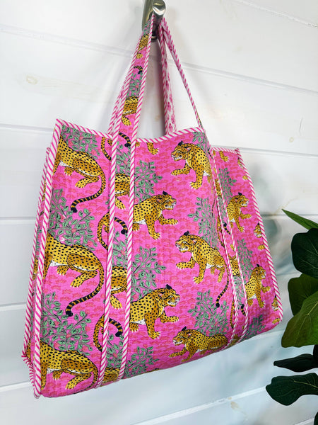 Cotton Quilted Block Print Tote Bag - Pink Jaguars Leopards