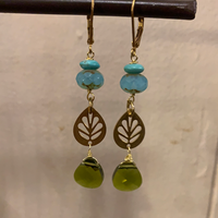Blue and green leaf earrings